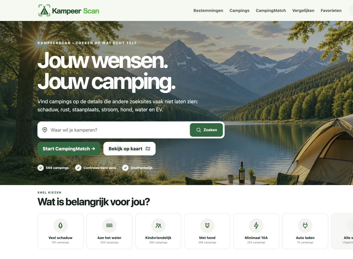 Homepage van KampeerScan met campingzoeker
